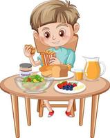 um menino comendo na mesa vetor