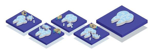 coleção de dentistas isométricos empurram o dente do quebra-cabeça do início ao fim, banner odontológico vetor