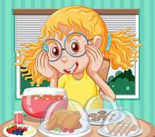 garota feliz desfrutando de refeição na mesa