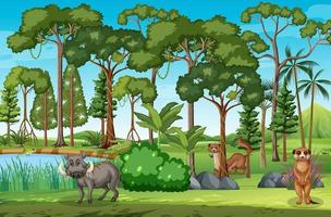 cena da floresta com vários animais selvagens vetor