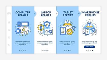 tipos de modelo de integração azul e branco de serviços. reparo e manutenção. site móvel responsivo com ícones de conceito linear. passo a passo da página da web tela de 4 etapas vetor