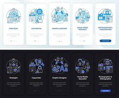 especialistas de marketing no modo noite e dia integrando a tela do aplicativo móvel. passo a passo do anúncio 5 etapas páginas de instruções gráficas com conceitos lineares. ui, ux, modelo de gui. vetor