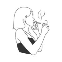 uma mulher está acendendo um cigarro usando um fósforo. desenho de arte de linha vetor