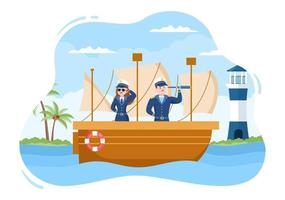 ilustração de desenhos animados de capitão de navio de cruzeiro em uniforme de marinheiro montando um navio, olhando com binóculos ou em pé no porto em design plano