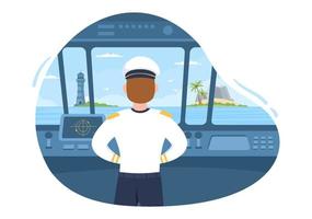 homem ilustração dos desenhos animados de capitão de navio de cruzeiro em uniforme de marinheiro montando um navios, olhando com binóculos ou em pé no porto em design plano