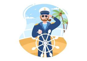 homem ilustração dos desenhos animados de capitão de navio de cruzeiro em uniforme de marinheiro montando um navios, olhando com binóculos ou em pé no porto em design plano