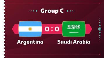 argentina x arábia saudita, futebol 2022, grupo c. partida de campeonato de competição mundial de futebol contra fundo de esporte de introdução de equipes, cartaz final de competição de campeonato, ilustração vetorial. vetor