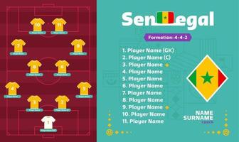 senegal line-up futebol 2022 torneio ilustração vetorial de fase final. tabela de escalação da equipe do país e formação da equipe no campo de futebol. bandeiras de país de vetor de torneio de futebol.