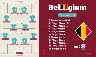 bélgica line-up futebol 2022 torneio ilustração vetorial de fase final. tabela de escalação da equipe do país e formação da equipe no campo de futebol. bandeiras de país de vetor de torneio de futebol.