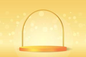 pódio laranja de luxo com efeito bokeh. renderização de exibição de produto 3d. cena vazia para apresentação cosmética. palco de premiação em círculo com arco golder