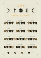 calendário lunar de 2023. projeto de calendário astrológico. ciclo de fases da lua. design de modelo de cartaz de calendário de lua boho moderno. cronograma e ciclos das fases lunares. ilustração em vetor vintage. editável a3, a4, a5