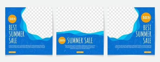 modelo de banner de mídia social para o verão com doodle de fundo azul. cartaz de desconto com uma sensação de mar. Desconto de 50%, modelo para design de marketing e publicidade vetor