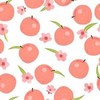 padrão de verão pêssego sem costura com frutas, folhas, fundo de flores cor de rosa. capa de primavera de ilustração vetorial, textura de papel de parede, pano de fundo de embrulho, embalagem vintage fofa. vetor