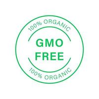 nenhum logotipo de OGM. adesivo de comida saudável vegetariana. distintivo de natureza orgânica. ingredientes bio eco para símbolo vegano. selo de linha verde não OGM. rótulo de produto geneticamente modificado gratuito. ilustração vetorial. vetor