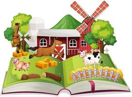 livro de histórias com animais de fazenda na fazenda vetor