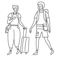 contorno linear desenhando turistas de garota e cara. ela tem bolsa no ombro e mala com rodas. ele está com mochila nas costas e cinto com uma bolsa. conjunto de rabiscos. vetor