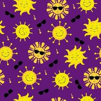 padrão sem emenda. lindo sol amarelo em óculos de sol sorrindo. e um doce sol de olhos fechados. ilustração vetorial para design, decoração, embalagem, têxtil, ilustração de verão. vetor