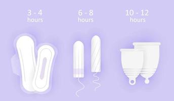 composição de higiene feminina. tempo de uso de produtos de higiene. escolha entre copo menstrual, tampão e pensos. proteção para meninas em dias críticos. Ilustração em vetor 3D realista de higiene da mulher.