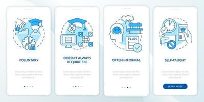 características de aprendizagem ao longo da vida tela de aplicativo móvel de integração azul. passo a passo 4 passos páginas de instruções gráficas com conceitos lineares. ui, ux, modelo de gui. vetor
