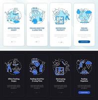 problemas mentais na tela do aplicativo móvel do modo noite e dia dos adolescentes. passo a passo 4 passos páginas de instruções gráficas com conceitos lineares. ui, ux, modelo de gui. vetor