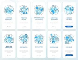 a economia circular pratica o conjunto de telas de aplicativos móveis de integração azul. recicle páginas de instruções gráficas passo a passo de 5 passos com conceitos lineares. ui, ux, modelo de gui. vetor