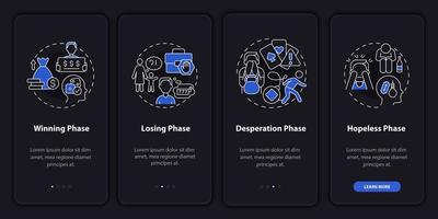 etapas de vício em jogos de azar na tela do aplicativo móvel de integração do modo noturno. passo a passo 4 passos páginas de instruções gráficas com conceitos lineares. ui, ux, modelo de gui. vetor