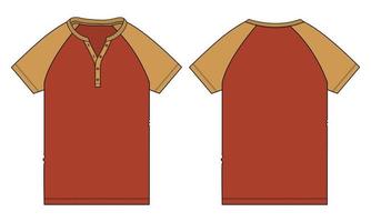 dois tons de cor vermelha e amarela manga curta raglan t shirt técnica de moda plana esboço ilustração vetorial modelo frente, vistas traseiras isoladas no fundo branco. vetor