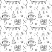 padrão perfeito com bolos festivos, chapéus de festa, presentes, champanhe e guirlandas. ilustração vetorial desenhada à mão em estilo doodle. perfeito para desenhos de aniversário, papel de embrulho, cartões, convites vetor