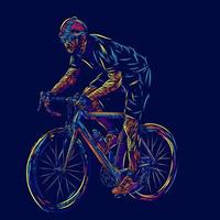 um homem andando de bicicleta linha pop art potrait logotipo design colorido com fundo escuro. fundo preto isolado para camiseta, pôster, roupas, merchandising, vestuário, design de crachá vetor
