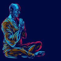 Shaolin monge meditação linha pop art potrait design colorido com fundo escuro. vetor