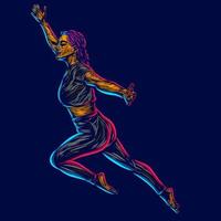 mulher voadora linha pop art logo design colorido com fundo escuro. ilustração em vetor abstrato. fundo preto isolado para camiseta