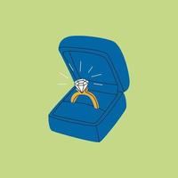 anel de casamento na caixa de presente de veludo azul. anel de noivado dourado com grande diamante brilhante. amor, proposta, casamento, dia dos namorados. ilustração moderna desenhada à mão vetor