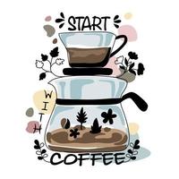 citações de café vetorial e conjunto de inspiração projetado em estilo doodle para designs de camisetas, padrões de tecido, impressões em tela, cartões, álbum de recortes, travesseiros, bolsas, etc. vetor