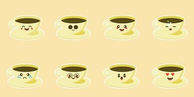 personagem de copos lindos coloridos em designs planos com rostos bonitos de desenho animado. café e chá quentes. conjunto de emoticons de xícara de café. coleção com diferentes expressões. design plano. avatars, cartões, adesivo vetor