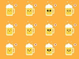 ilustração em vetor design plano de cerveja bonito e kawaii. personagem de copo de cerveja engraçado com emoji humano sorridente, ilustração vetorial de desenho animado isolada na cor de fundo. mascotes bonitos e engraçados