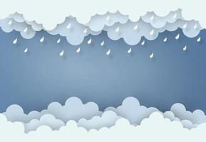 estilo de design de arte de papel o conceito é estação chuvosa, nuvem e chuva sobre fundo azul claro, ilustração de elemento de design vetorial vetor