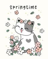 cartão de saudação bonito sorriso feliz gato gordo na primavera do jardim de flores, vetor de desenho de rabiscos de animais de estimação dos desenhos animados