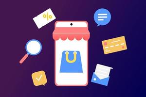 compras on-line no telefone móvel inteligente. grande venda, desconto especial, publicidade social. mobile e marketing digital. ilustração vetorial plana para elemento gráfico, sinal, símbolo. estilo minimalista. vetor