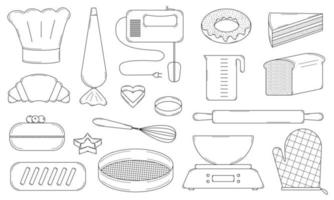 conjunto desenhado à mão de elementos de panificação e ferramentas para fazer produtos culinários. estilo doodle. retrato falado. ilustração vetorial vetor