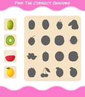 encontre as sombras corretas das frutas dos desenhos animados. jogo de busca e correspondência. jogo educativo para crianças e bebês da pré-escola vetor