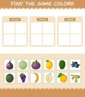 encontrar as mesmas cores de frutas. jogo de busca e correspondência. jogo educativo para crianças e bebês da pré-escola vetor