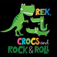 rex, crocs e rock and roll - doodle desenhado à mão engraçado, dinossauro de desenho animado e crocodilos. bom para design gráfico têxtil de pôster ou camiseta. ilustração vetorial mão desenhada.