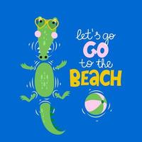 vamos para a praia - doodle desenhado à mão engraçado, crocodilo de desenho animado. bom para design gráfico têxtil de pôster ou camiseta. ilustração vetorial mão desenhada. crocodilo de natação de verão.