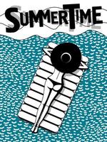 letras de verão. garota de maiô e chapéu no colchão no mar. monocromático. cartaz de verão vetor