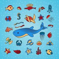 clipart. conchas, peixes, estrelas do mar, patins, polvos, águas-vivas, caranguejos e outros animais de profundidade do mar e do oceano. lindo aquário marinho. isolado em um fundo azul. ilustração vetorial. vetor