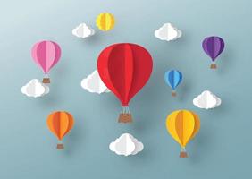 balão e nuvem no céu azul com design de arte em papel, elemento de design vetorial e ilustração
