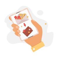 ilustração de conceito de programa de fidelidade do cliente. mão está segurando um smartphone com aplicativo de programa de fidelidade. ilustração em vetor plana.