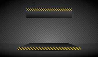 plataforma de padrão listrado diagonal amarelo com placa suspensa no vetor de ilustração 3d de cena preta escura