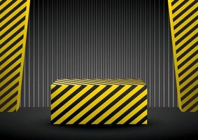 exibição de pódio padrão listrado amarelo e preto com cena de parede de metal preto 3d ilustração vetorial vetor