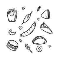 ilustração de conjunto de doodle de junk food desenhada à mão vetor